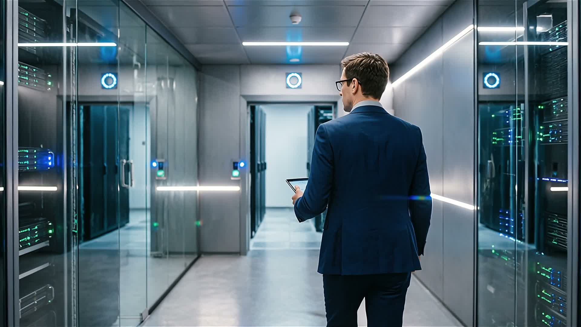 Technician walking through a server room aisle